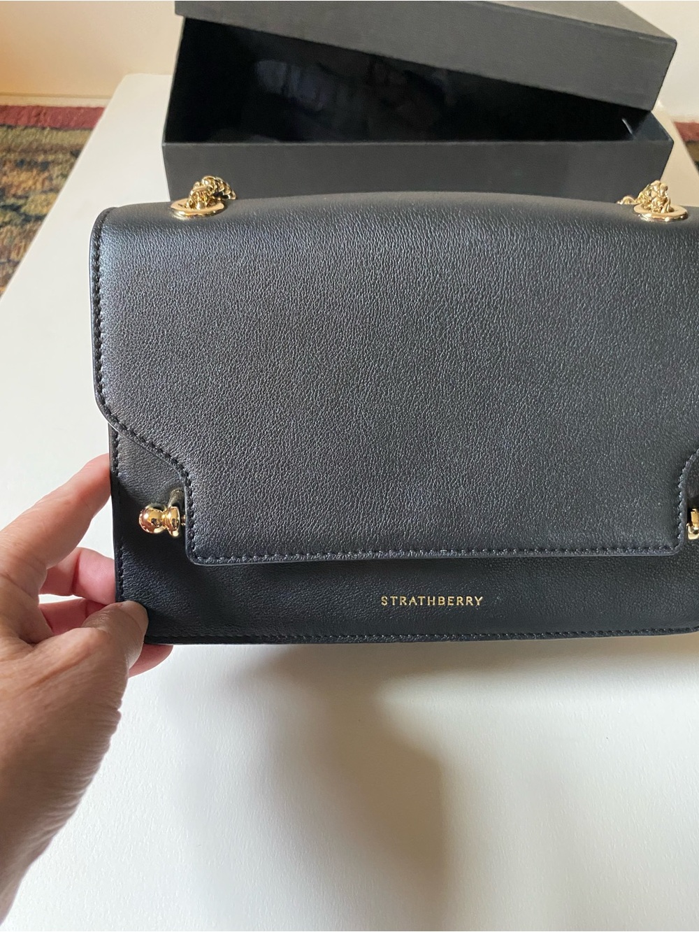 Strathberry East/West Black Leather Gold Chain Shoulder Bag + Box - Picture 12 of 16